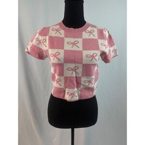 Cute Pink Checkerboard Bow Crop Sweater Short Sleeve Knit Top